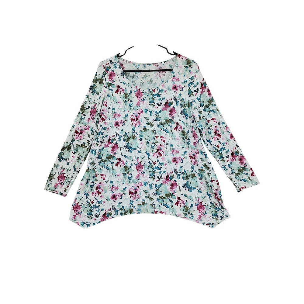 Pure Jill Tunic Top LP Women Red Blue Floral Dipped Hem A-Line Cotton Modal‎